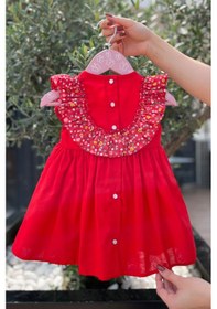 Resim Çiçekli Fırfır Ve Kurdele Detaylı Kırmızı Kız Çocuk Bebek Poplin Elbise 001 