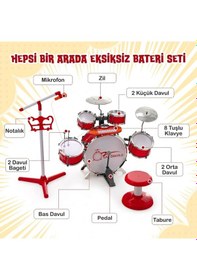 Resim Mikrofonlu Işıklı Sesli Bateri Seti - Piyanolu Tabureli Bagetli Eğitici Çocuk Bateri Takımı Kırmızı 