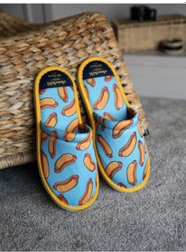 Resim Kadın Hotdog Desenli Mavi Ev Terliği Yumuşak Taban Mavi 