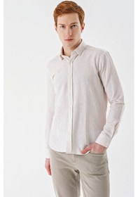 Resim İmza Bej Uzun Kollu Çizgili Biritli Yaka Pamuklu Likralı Casual Slim Fit Dar Kesim Gömlek 1004240233-bej Bej 