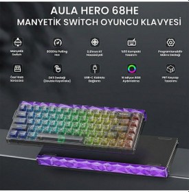 Resim Aula Hero 68 He Manyetik Klavye Rapid Trigger Jade King Switch 8000hz Rgb Neon Tkl Hot Swap Oyuncu Klavyesi Şeffaf Siyah 