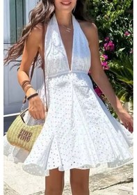 Resim Fashion Cocktail Marilyn Monroe Fistolu Sırt Dekolte Bağcıklı Delikli Çan Etek Dalgalı Kloş Etek Yazlık Tatil Elbise Beyaz 