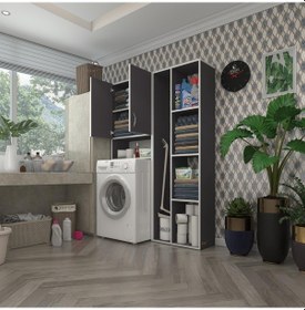 Resim Kenzlife Çamaşır Makinesi Dolabı Sinemsüpürge Gri 180 126 30 Banyo Kapaklı Arkalıklı Raflı Çok Renkli 