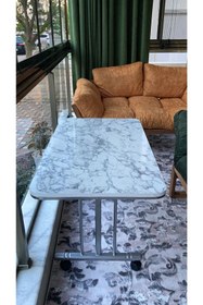 Resim arvenlive Beyaz Mermer Desenli Tekerlekli Orta Sehpa Metal Ayaklı Masa 60x100 Cm Mutfak Masası 