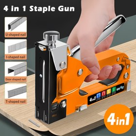 Resim Manuel Zımba Tabancası Seti - Ağır Hizmet 4'ü 1 Arada Çivi Sıkma Makinesi. 1600 ve 800 çivili setler mevcut, elektrik gerektirmez. Ahşap, kumaş, mobilya, çatılık, kanepe, keçe, resim çerçevesi için uygun 