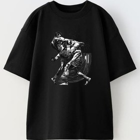 Resim THEWERT Unisex Reebok Combak Tasarım Baskılı Pamuk Sıyah Oversize T-shirt 
