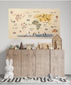 Resim Happy Kid Rooms Suluboya Sıcak Hava Balonlu Dünya Haritası Duvar Örtüsü 