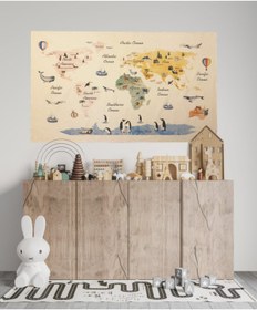 Resim Happy Kid Rooms Suluboya Sıcak Hava Balonlu Dünya Haritası Duvar Örtüsü 