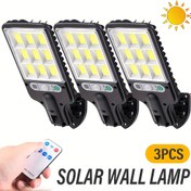 Resim 3 Adet Akıllı Sensörlü Solar Dış Mekan Duvar Lambası, Uzaktan Kumandalı 108COB Hareket Sensörli Bahçe Aydınlatması, 3 Aydınlatma Modu ile Avlu, Çit, Kameriye ve Teras İçin Güneş Enerjili Duvar Armudu 
