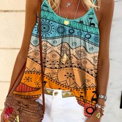 Resim Kadınların Canlı Boho Şık Kolsuz Atlet - Canlı Soyutlu Baskı, Polyester, Plaj Tatilleri ve Rahat Yaz Kıyafeti için Ayarlanabilir İnce Askılar 