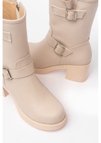 Resim 5109-3043 Bej Toka Aksesuarlı Fermuarlı Kalın Topuklu Günlük Kadın Bot Acı Kahverengi 