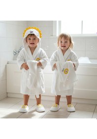 Resim Kız Erkek %100 Organik Pamuk Aslanlı Bebek Bornoz Takımı 4 Parça Kutulu Lüks Havlu Hediye Seti Ekru - Ekru 