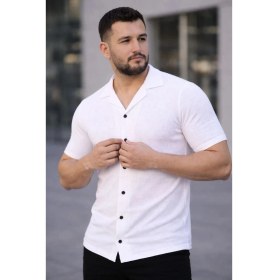 Resim Beruflic Erkek Waffle Kumaş Kısa Kollu Düğmeli Açık Yaka Regular Fit Gömlek - Beyaz 