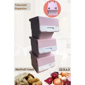 Resim Feyza Design 3'lü Tekerlekli Sebzelik Seti, Bpa Free, Patates ve Soğan Sepeti, Beyaz/pembe 