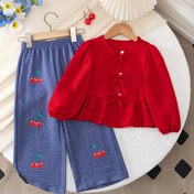 Resim Basit Baskılı, Denim Görünümlü İki Parçalı Kız Takımı: Moda Casual Düz Renk Düğmeli Yuvarlak Yaka Bağcıklı Uzun Kollu Bluz ve Denim Desenli Doğal Kesim Elastik Bel Pantolon – İlkbahar/Sonbahar İçin Günlük Ev veya Dış Mekan Giyimi 