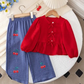 Resim Basit Baskılı, Denim Görünümlü İki Parçalı Kız Takımı: Moda Casual Düz Renk Düğmeli Yuvarlak Yaka Bağcıklı Uzun Kollu Bluz ve Denim Desenli Doğal Kesim Elastik Bel Pantolon – İlkbahar/Sonbahar İçin Günlük Ev veya Dış Mekan Giyimi 