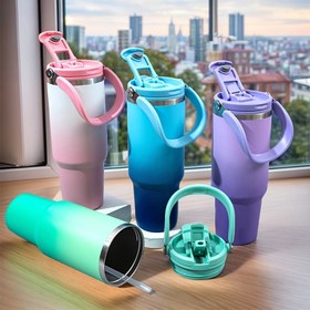 Resim 1 adet 900ML/30o Paslanmaz Çelik Gradyan Yalıtımlı Spor Su Şişesi, Tutma Sapı ve Pipetli, Sızdırmaz Kapak, Okul Seyahat Bardağı, Sıcak ve Soğuk Kahve Bardağı Erkekler ve Kadınlar İçin 