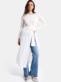 Resim it's basic Kadın Beyaz w5 Maxi Boy %100 Organik Kumaş Tasarım Belden Bağlamalı Tunik 