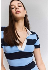 Resim DeFacto Bodycon Vücudu Saran Polo Yaka Çizgili Ribana Kısa Kollu Mini Elbise E5701AX25SPNV251 