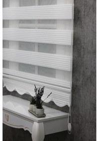 Resim Ekru Geniş Plise Etek Dilimli Zebra Stor Güneşlik Perde 