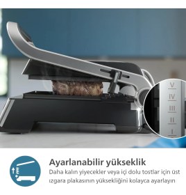Resim Philips Ayarlanabilir Yükseklik Kademeli 2200W Elektrikli Izgara ve Tost Makinesi 180 Derece Açılır Çıkarılabilir Yapışmaz Plakalı Akıllı Tasarım 