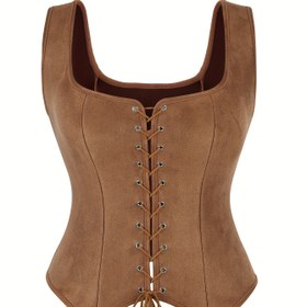 Resim Kadınlar için Vintage Korse Üstü | Kahverengi Polyester-Elastan Karışımı | Önünde Bağcıklı ve Geniş Omuz Askılı | Kolsuz, Pürüzsüz Dokulu | Cosplay ve Kostüm Partileri İçin İdeal 