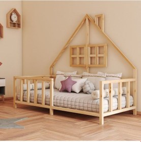 Resim Liya İthal Ladin Doğal Ahşap Çatılı Montessori Karyola 80*130 cm 