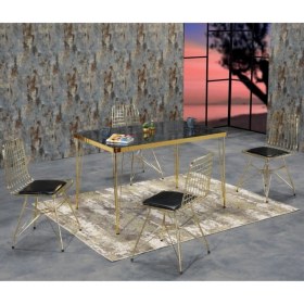 Resim Trendy Assel Berrak 4 Kişilik Siyah Mermer Görünümlü Metal Mutfak Masası Takımı-Gold Tel Sandalyeli 80X120 cm 
