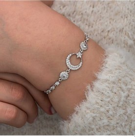 Resim Gümüş Zirkon Taşlı Ay Yıldız Kadın Bileklik Gümüş - Rose Gold 