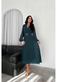 Resim Neşeli Butik Kadın Zümrüt Yeşil Piliseli Kemerli Şifon Elbise Nbk3028 Yeşil 