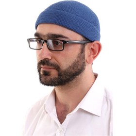 Resim Kışlık Kadife Takke Katlamalı Düz Desen - Mavi 