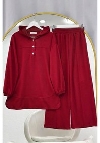 Resim Lovie Moda Kapüşonlu Düğme Detaylı Pantolonlu Takım Bordo 