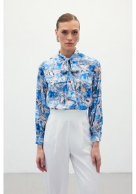 Resim Sateen Desenli Fular Yaka Gömlek - Mavi 