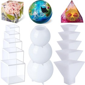 Resim 5 adet kare silikon reçine kalıpları, 3 adet yuvarlak top reçine kalıpları, 5 adet piramit reçine kalıpları DIY ev dekorasyonları, çiçek koruma için 
