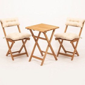 Resim Meya Dekor Sırt ve Oturak Minderli Katlanır Masa Sandalye Bistro Set 3'lü 50x50 Krem 