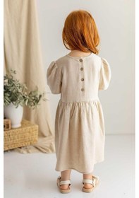 Resim Oliventhekid Bej Keten Bisiklet Yaka Büzgü Kol Kalp Taş Işlemeli Sırtı Düğmeli Kız Çocuk Elbise Bej Bej 