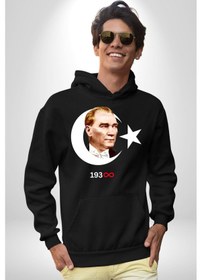 Resim Atatürk Türk Bayrağı Sonsuzluk Kadın Erkek Siyah Kapüşonlu Sweatshirt Hoodie Siyah 