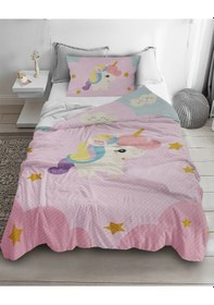 Resim Sevimli Unicorn Desenli Tek Kişilik Pike ( Yastık Kılıflı ) 