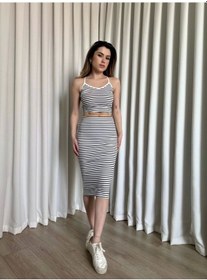 Resim Çizgili Etek Crop Takım Beyaz 