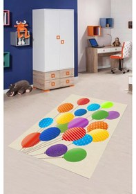 Resim Dijital Baskılı Renkli Balon Desenli Dekoratif Yıkanabilir Kaymaz Taban Çocuk Halısı Çok Renkli 