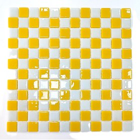 Resim MozaiKristaL Tüm yüzeyler için, 25x25 Beyaz-Sarı damalı, 31,5x31,5cm Fileli Cam Mozaik. ( 1 m2 Fiyatıdır. ) 
