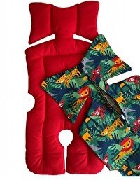 Resim Pamuk Atölyesi Yeşil Ormanlı ve Kırmızı Bebek Arabası Minder ve Yedek Kılıf Paketi 