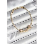 Resim Pirinç Sıralı Pembe Kalp Figürlü Zirkon Taşlı Gold Renk Kadın Bileklik 
