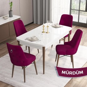 Resim Canisa Concept Are Serisi, Mdf 80X132 Açılabilir Beyaz Masa Ceviz Ayak Yemek Odası Takımı, 4 Sandalye Gümüş Halkalı 