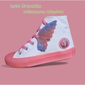 Resim LİASSHOES beyaz keten pembe taban unicorn ışıklı kantalı yandan ışıklı çocuk spor ayakkabı sneaker 