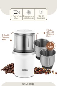 Resim Sinbo SCM-9037 3 Hazneli Çok Amaçlı Öğütücü – Kahve & Baharat | Beyaz Krom 