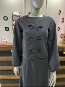 Resim Sublime Butik Tesettür Kadın Etekli Fiyon Detay Bluzlu Takım Gri 