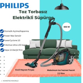 Resim Phılıps Yüksek Emiş Gücü Toz Torbasız Elektrikli Süpürge Yeşil 