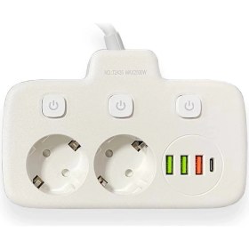 Resim Akım Korumalı 2’li Ayrı Anahtarlı Priz, 2x Priz, 3x Usb, 1x Type-C, 2 mt Kablo, Hızlı Şarj 
