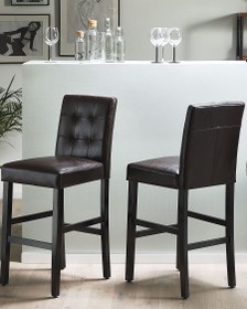 Resim MADISON 2’li Kahverengi Deri Bar Sandalyesi, Tufted Sırtlı, Ahşap Ayaklı, 73 cm Oturum 